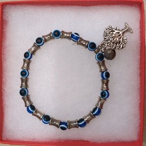 Blue Beaded Evil Eye Bracelet With Tree Charm